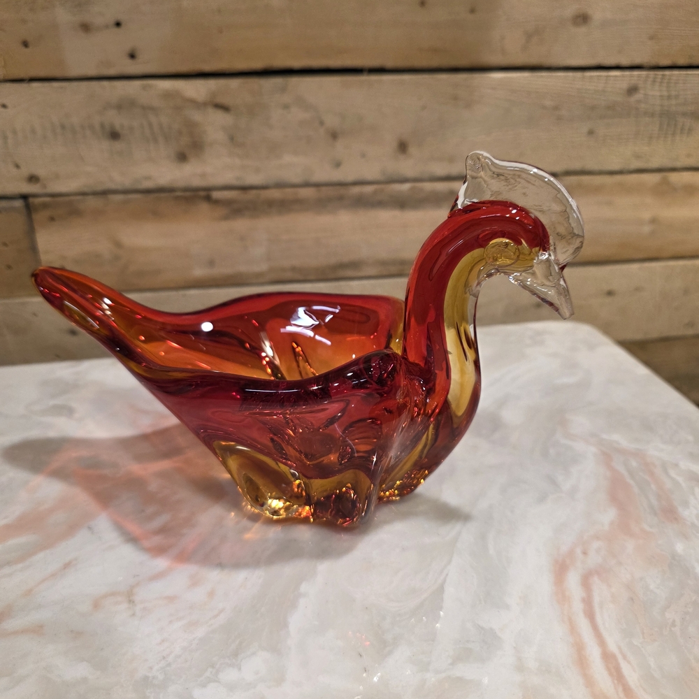 Hand-Blown Glass Swan Bowl in Red and Amber - Home Art